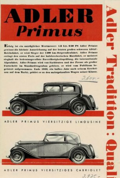 Adler Standard 8 Gropius Limousine Modellprogramm 1934  "Adler baut" Automobilprospekt (7012)